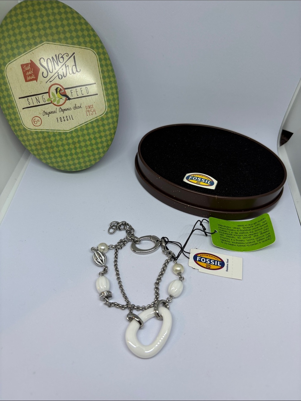Fossil White Ceramic Link & Stainless Steel Chain Bracelet